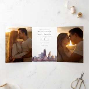 Chicago Skyline QR Code 3 Foto Hochzeit Dreifach Gefaltete Einladung