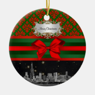 Chicago Skyline Red Green Damask #2 Bow Xmas Keramik Ornament