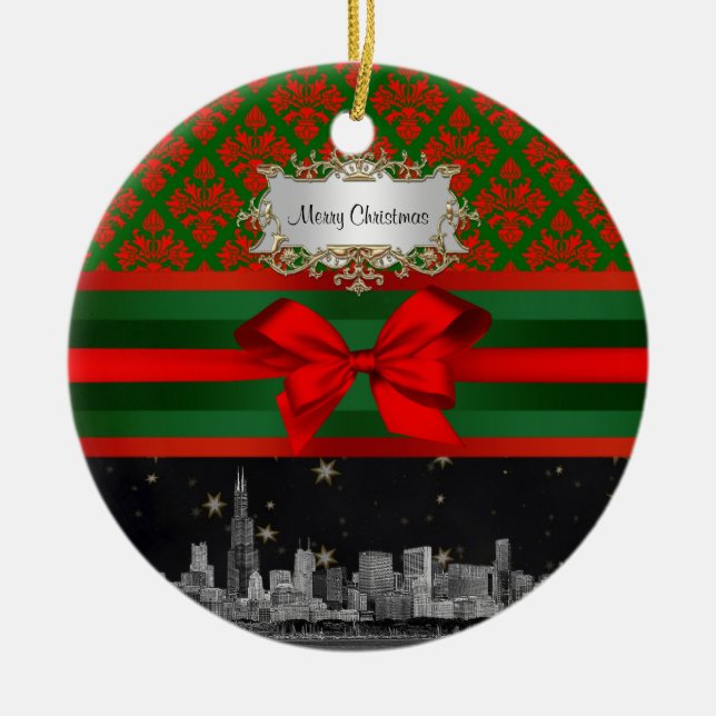 Chicago Skyline Red Green Damask #2 Bow Xmas Keramik Ornament (Vorne)