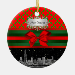 Chicago Skyline, Red Green Quatrefoil Xmas Keramikornament