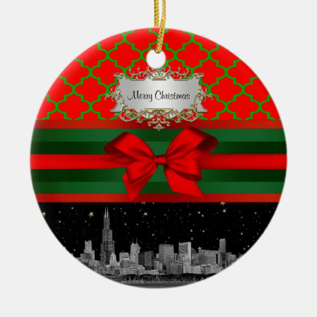 Chicago Skyline, Red Green Quatrefoil Xmas Keramikornament (Vorne)