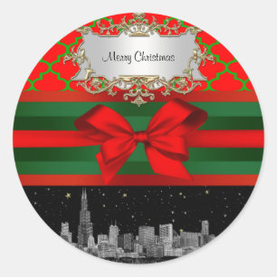 Chicago Skyline, Red Green Quatrefoil Xmas Runder Aufkleber