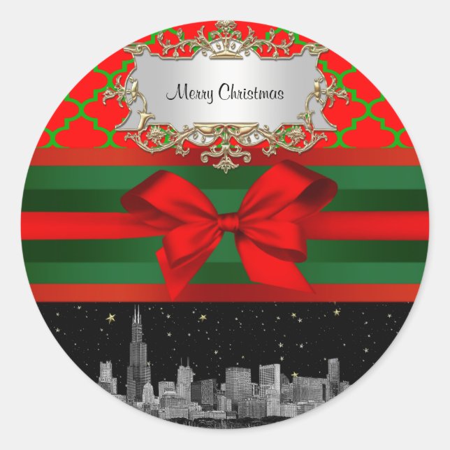 Chicago Skyline, Red Green Quatrefoil Xmas Runder Aufkleber (Vorderseite)