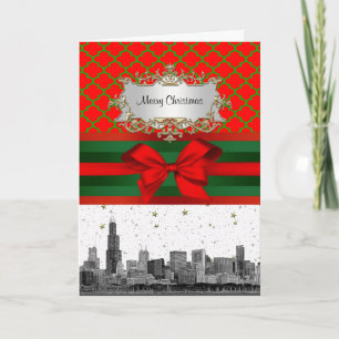Chicago Skyline Red Green Quatrele Xmas Feiertagskarte