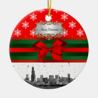 Chicago Skyline Red Snowflake Weihnachten Keramik Ornament