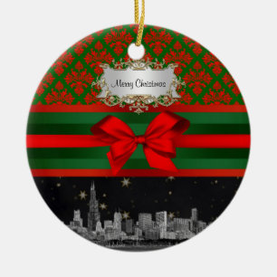 Chicago Skyline Rot Grün Damast #2 Schleife Weihna Keramik Ornament