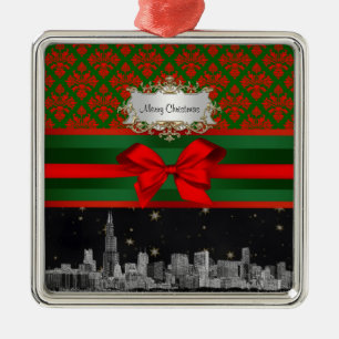 Chicago Skyline Rot Grün Damast #2 Schleife Weihna Ornament Aus Metall