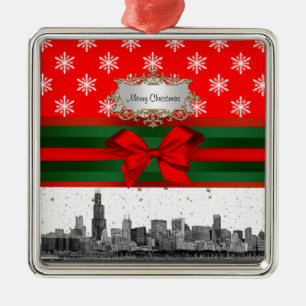 Chicago Skyline Rote Schneeglöckchen Weihnachten Ornament Aus Metall