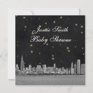 Chicago-Skyline Schwarz Gold Stern Baby Shower Einladung