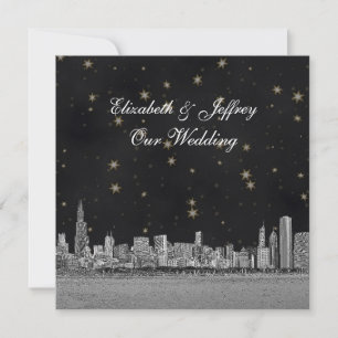 Chicago Skyline Schwarz Gold Stern SQ Hochzeit Einladung