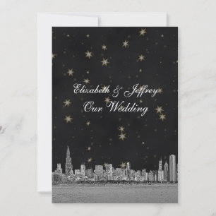 Chicago Skyline Schwarz Gold Stern V Hochzeit Einladung