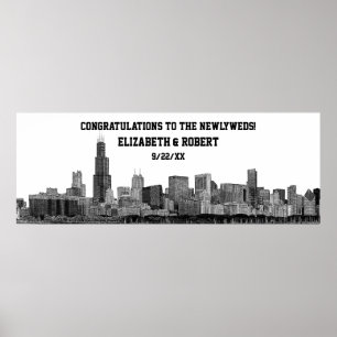 Chicago Skyline Silhouette Wedding Party Banner Poster