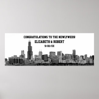 Chicago Skyline Silhouette Wedding Party Banner Poster