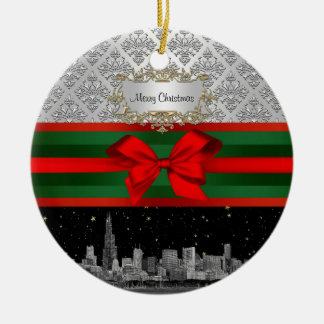 Chicago Skyline Silver White Damask #3 Bow Xmas Keramikornament