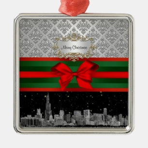 Chicago Skyline Silver White Damask #3 Bow Xmas Silbernes Ornament