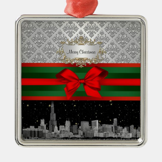 Chicago Skyline Silver White Damask #3 Bow Xmas Silbernes Ornament (Vorne)