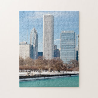 Chicago-Skyline über gefrorenem Michigansee Puzzle