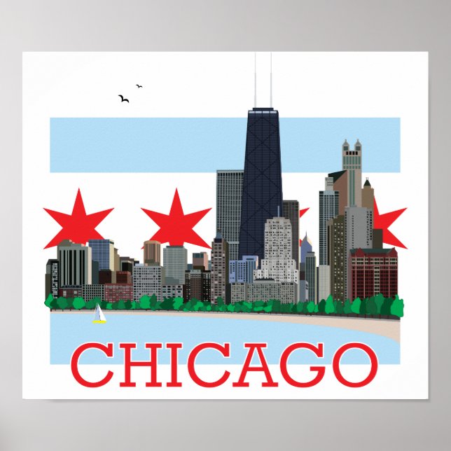 Chicago Skyline und City Flag Poster (Vorne)