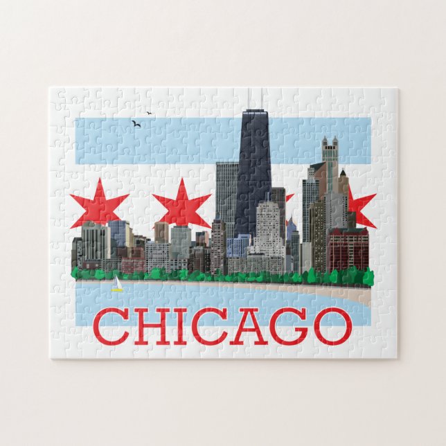 Chicago Skyline und City Flag Puzzle (Horizontal)