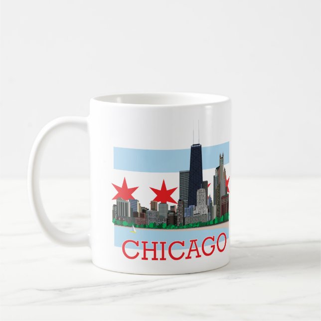 Chicago-Skyline und Stadt-Flagge Kaffeetasse (Links)