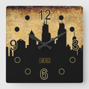 Chicago Skyline   Vintage Grunge Style Quadratische Wanduhr