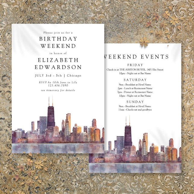 Chicago Skyline Watercolor Birthday Weekend Einladung (Chicago Skyline Watercolor Birthday Weekend Invitation)