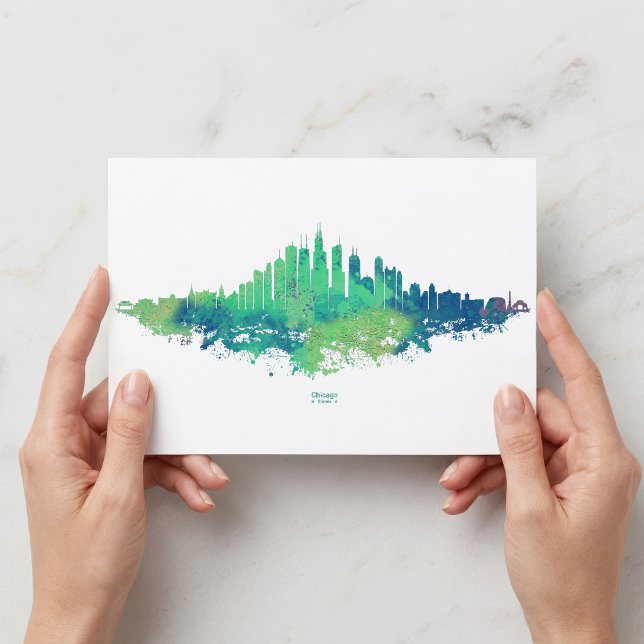 Chicago Skyline Watercolor Blue Green City Art Postkarte (Chicago Skyline Watercolor Blue Green City Art. Postcard)
