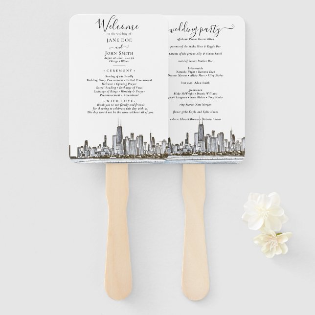 Chicago Skyline Wedding Program Hand Fan Fächer (Vorne und Hinten)