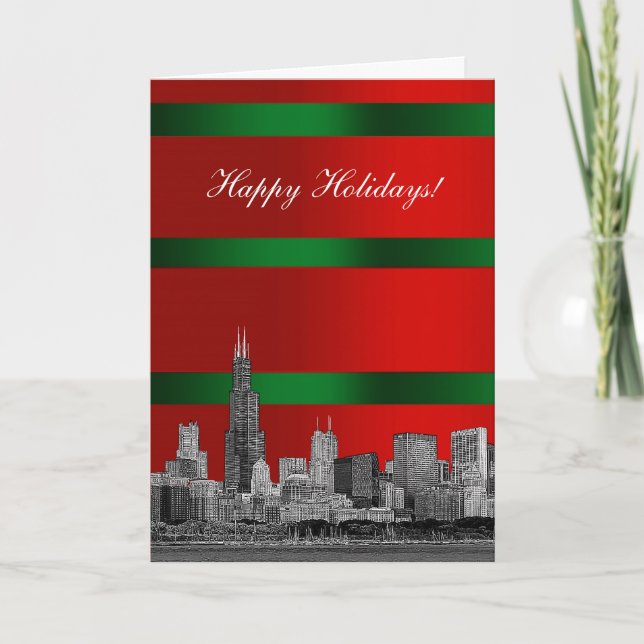 Chicago-Skyline-Weihnachtsfeiertags-roter GrünGrd Feiertagskarte (Vorderseite)