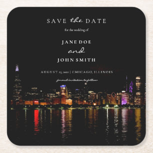 Chicago Skyline Wohnung Save the Date Karte Rechteckiger Pappuntersetzer
