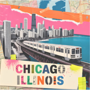 Chicago Skyline Zug Pop Art Collage Retro Reise Aufkleber