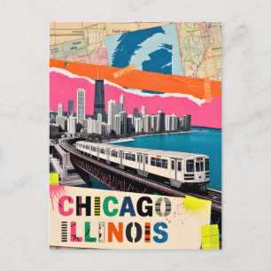 Chicago Skyline Zug Pop-Art Collage Retro Reise Postkarte