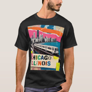 Chicago Skyline Zug Pop Art Collage Retro Reise T-Shirt