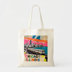 Chicago Skyline Zug Pop Art Collage Retro Reise Tragetasche