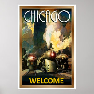Chicago Stadt, Dampflok, Eisenbahn Vintage-Reise Poster