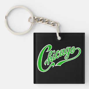 Chicago Text in Green Script BLK Schlüsselanhänger