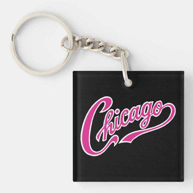 Chicago Text in Pink Script BLK Schlüsselanhänger (Vorderseite)