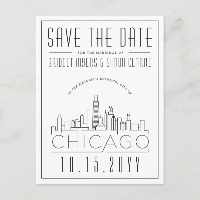 Chicago Wedding | Stilisierte Skyline Save the Dat Postkarte (Vorderseite)
