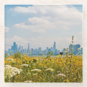 Chicago, wie vom Vogel Montrose Hafens gesehen Glasuntersetzer