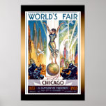 Chicago World's Fair 1933 - Vintag Retro Art Deco Poster<br><div class="desc">Wunderschönes Vintages Retro Art Deco Poster von der Weltmesse 1933 - Ein Jahrhundert des Fortschritts,  das die auf der Erde stehende Frau unter Skylines,  Flugzeugen und Blimps zeigt.</div>