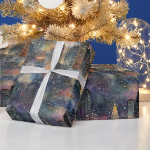 Chicago zu Weihnachten und Neujahr: Wasserfarben Geschenkpapier