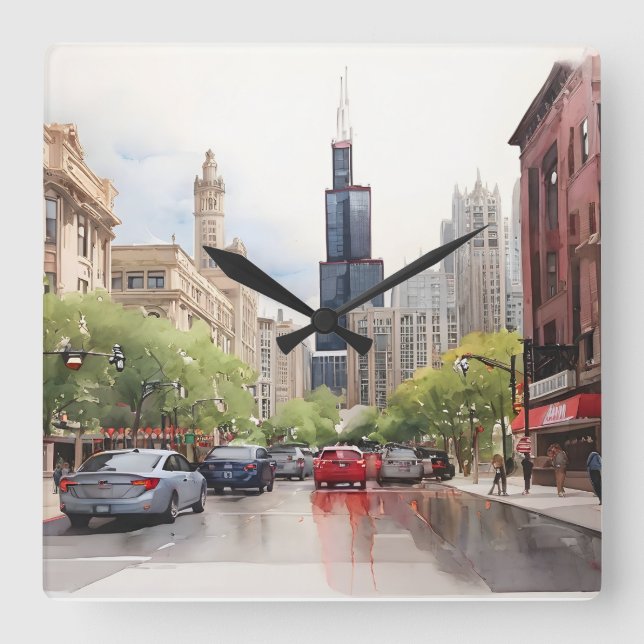 Chicagoer Aquarellkunst Quadratische Wanduhr (Vorderseite)