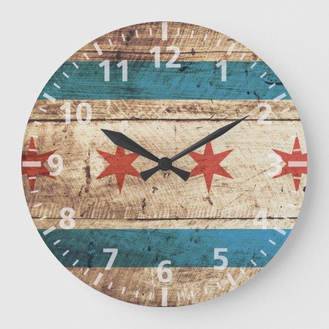 Chicagoer Flagge auf Old Wood Gran Große Wanduhr (Vorderseite)
