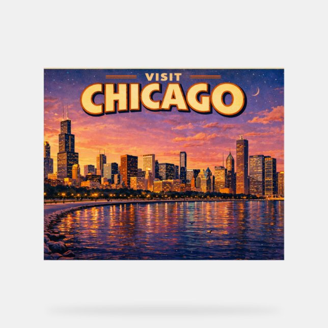 Chicagoer Skyline und Lake Michigan am Abend Acrylschild (Vorderseite)