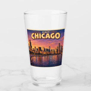 Chicagoer Skyline und Lake Michigan am Abend Glas