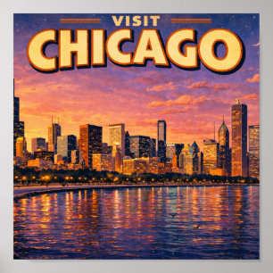 Chicagoer Skyline und Lake Michigan am Abend Poster