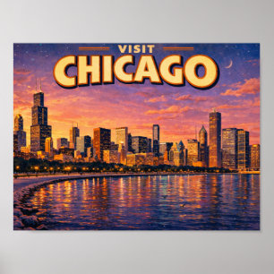 Chicagoer Skyline und Lake Michigan am Abend Poster