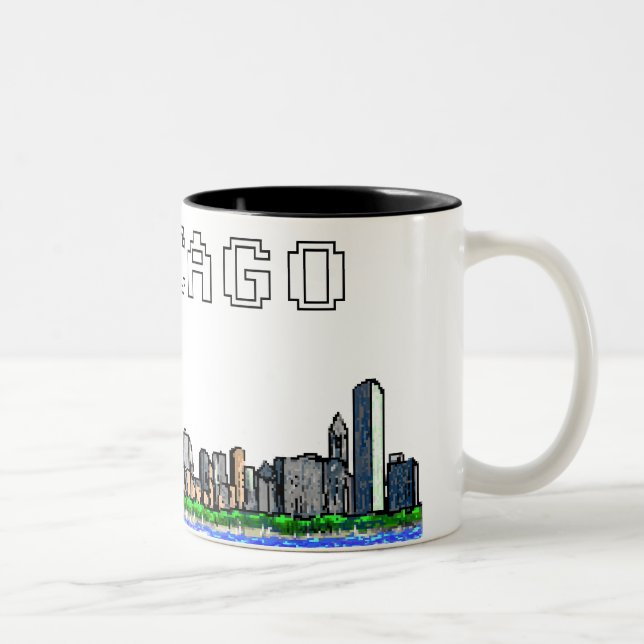 Chicagoskyline-Pixel-Kunst-Kaffee-Tasse Zweifarbige Tasse (Rechts)