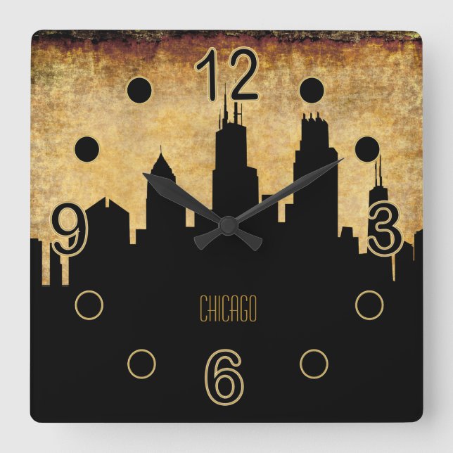 ChicagoSkyline| Vintage Grunge-Art Quadratische Wanduhr (Vorderseite)