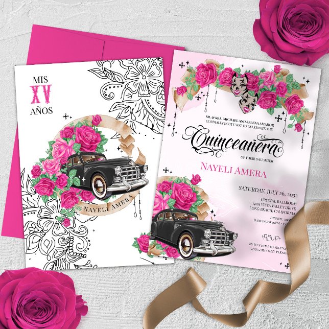 Chicana Lowrider Pink Rose Chola Quinceanera Einladung (Von Creator hochgeladen)